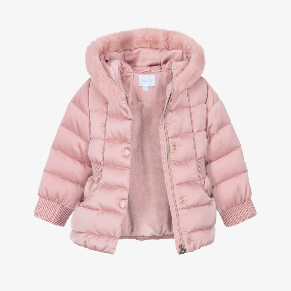 Abel & Lula-Girls Pink Padded Jacket with Faux Fur Trim | Childrensalon