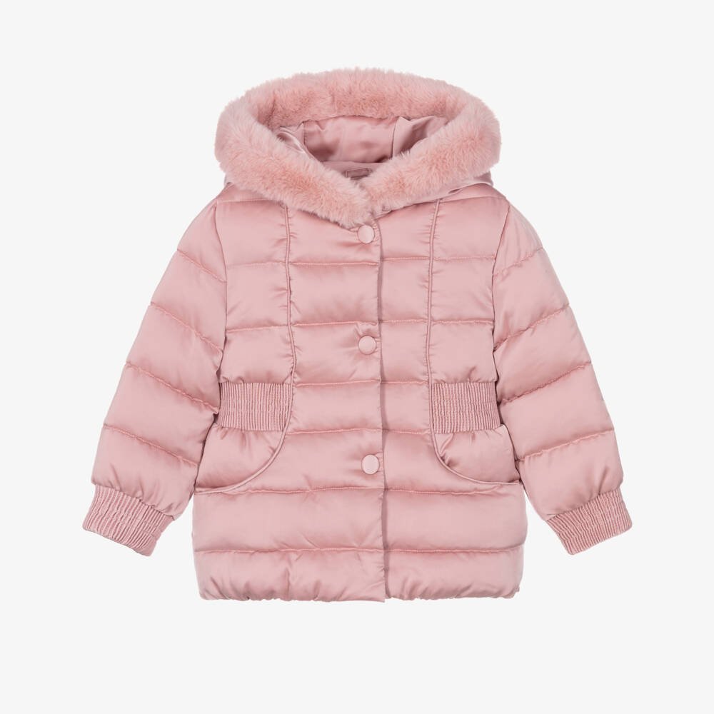Abel & Lula-Girls Pink Padded Jacket with Faux Fur Trim | Childrensalon