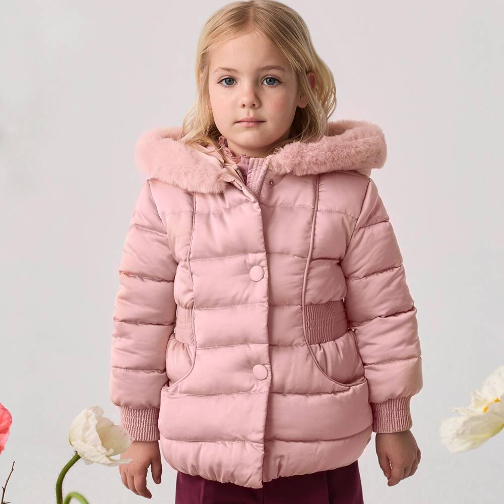 Abel & Lula-Girls Pink Padded Jacket with Faux Fur Trim | Childrensalon
