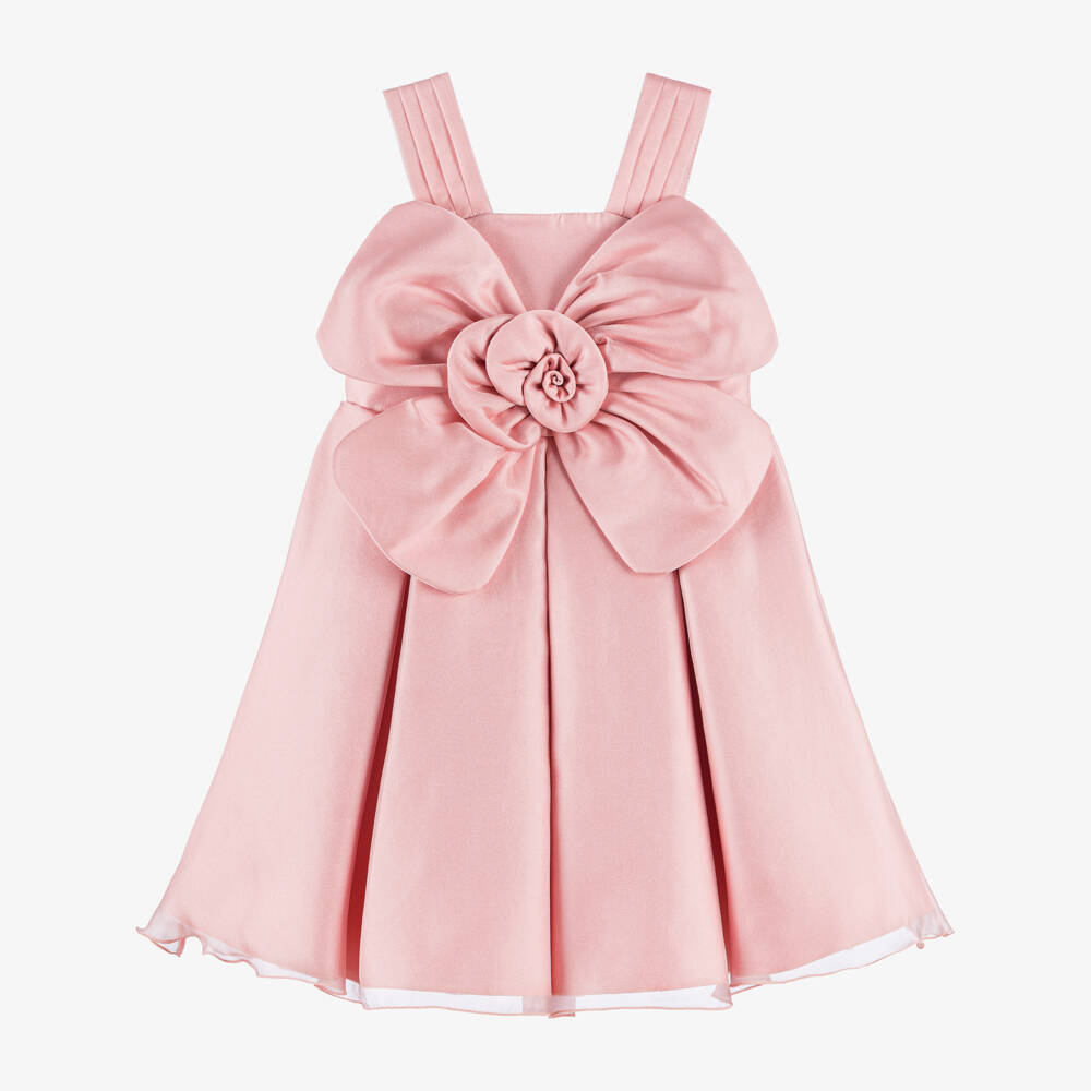 Abel & Lula-Girls Pink Satin Dress with Large Flower Appliqué | Childrensalon