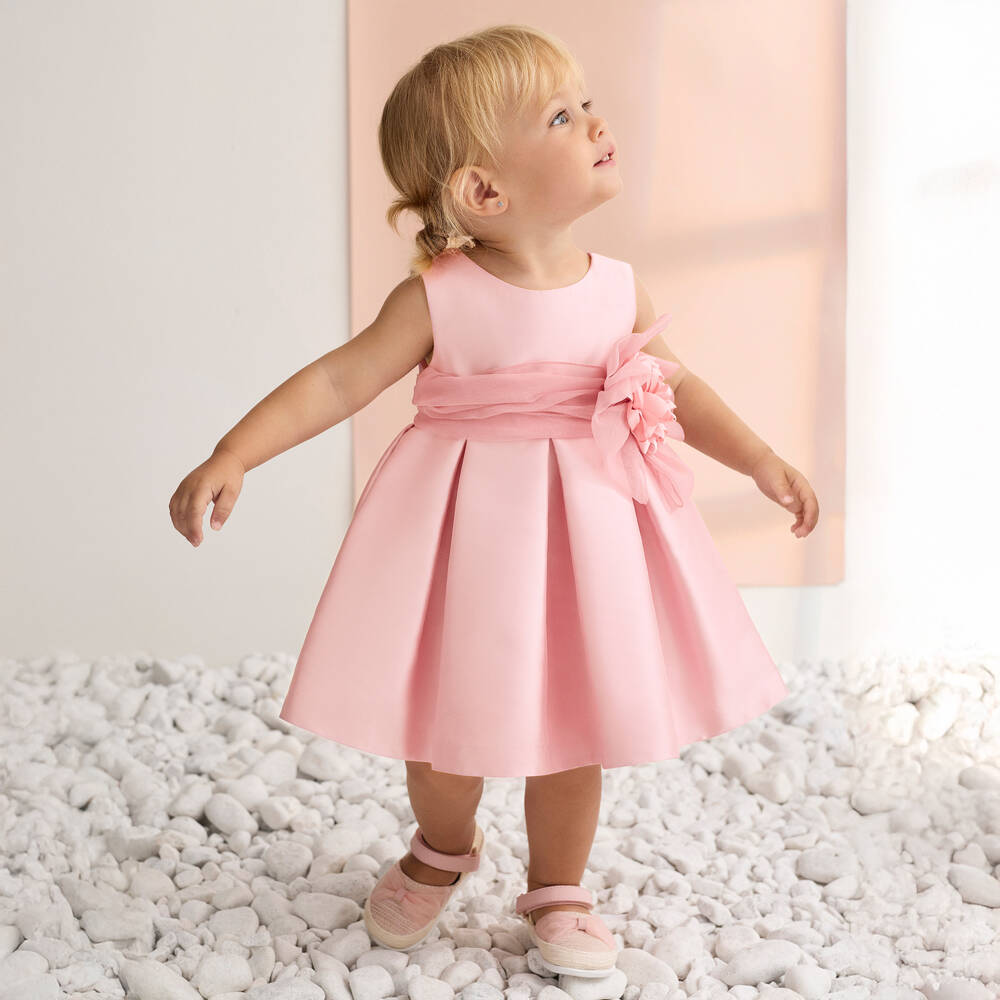 Abel & Lula-Girls Pink Satin Dress with Tulle Sash Belt & Flower Appliqué | Childrensalon