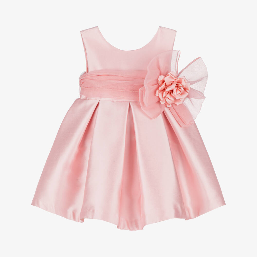 Abel & Lula-Girls Pink Satin Dress with Tulle Sash Belt & Flower Appliqué | Childrensalon