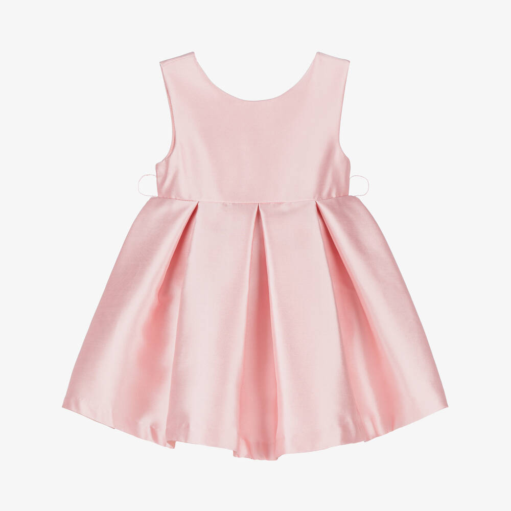 Abel & Lula-Girls Pink Satin Dress with Tulle Sash Belt & Flower Appliqué | Childrensalon