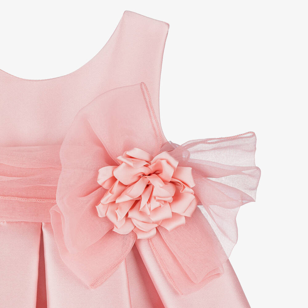 Abel & Lula-Girls Pink Satin Dress with Tulle Sash Belt & Flower Appliqué | Childrensalon