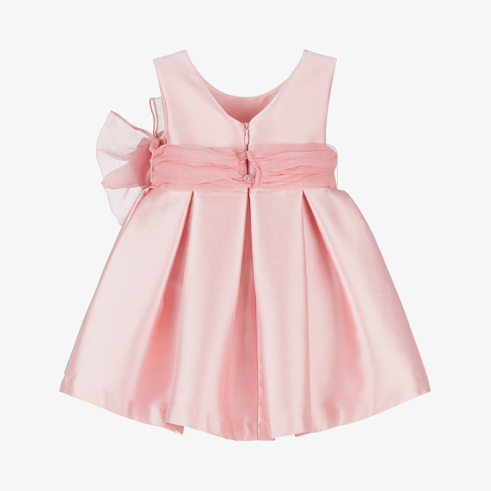 Abel & Lula-Girls Pink Satin Dress with Tulle Sash Belt & Flower Appliqué | Childrensalon