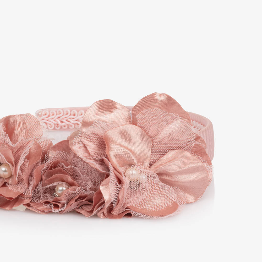 Abel & Lula-Girls Pink Satin & Pearl Flower Hairband | Childrensalon