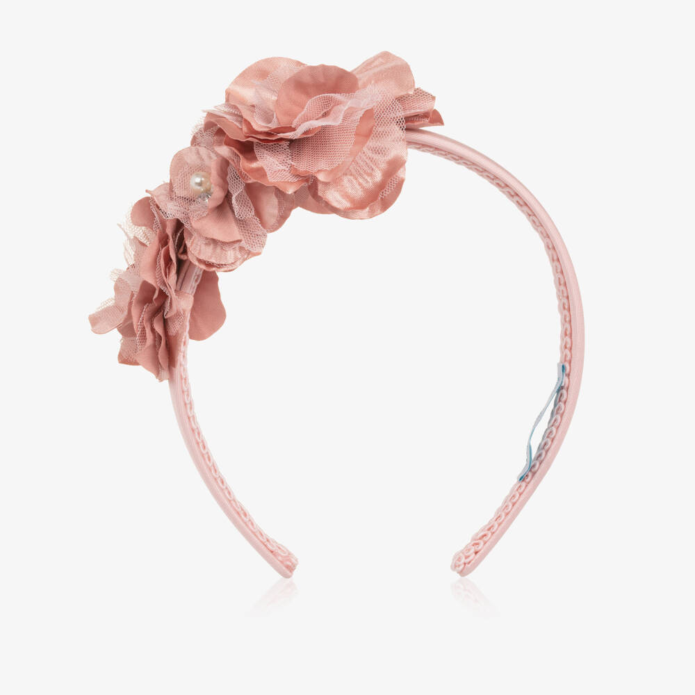Abel & Lula-Girls Pink Satin & Pearl Flower Hairband | Childrensalon