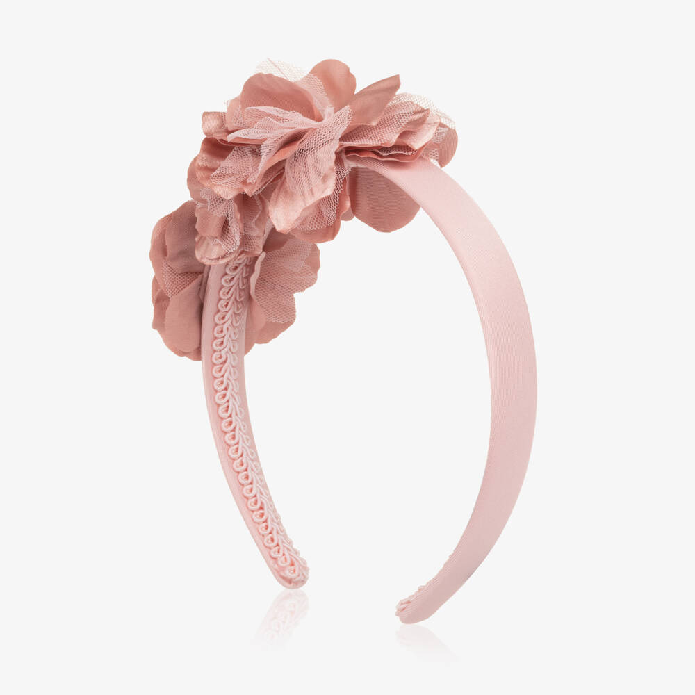 Abel & Lula-Girls Pink Satin & Pearl Flower Hairband | Childrensalon