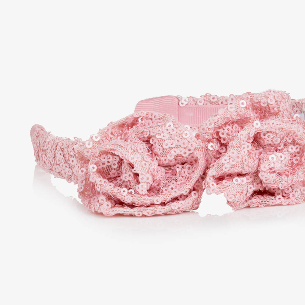 Abel & Lula-Girls Pink Sequin Hairband with Roses | Childrensalon