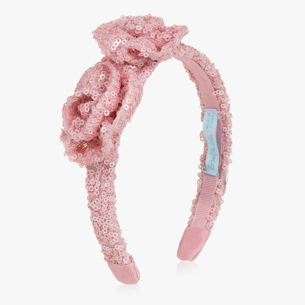 Abel & Lula-Girls Pink Sequin Hairband with Roses | Childrensalon