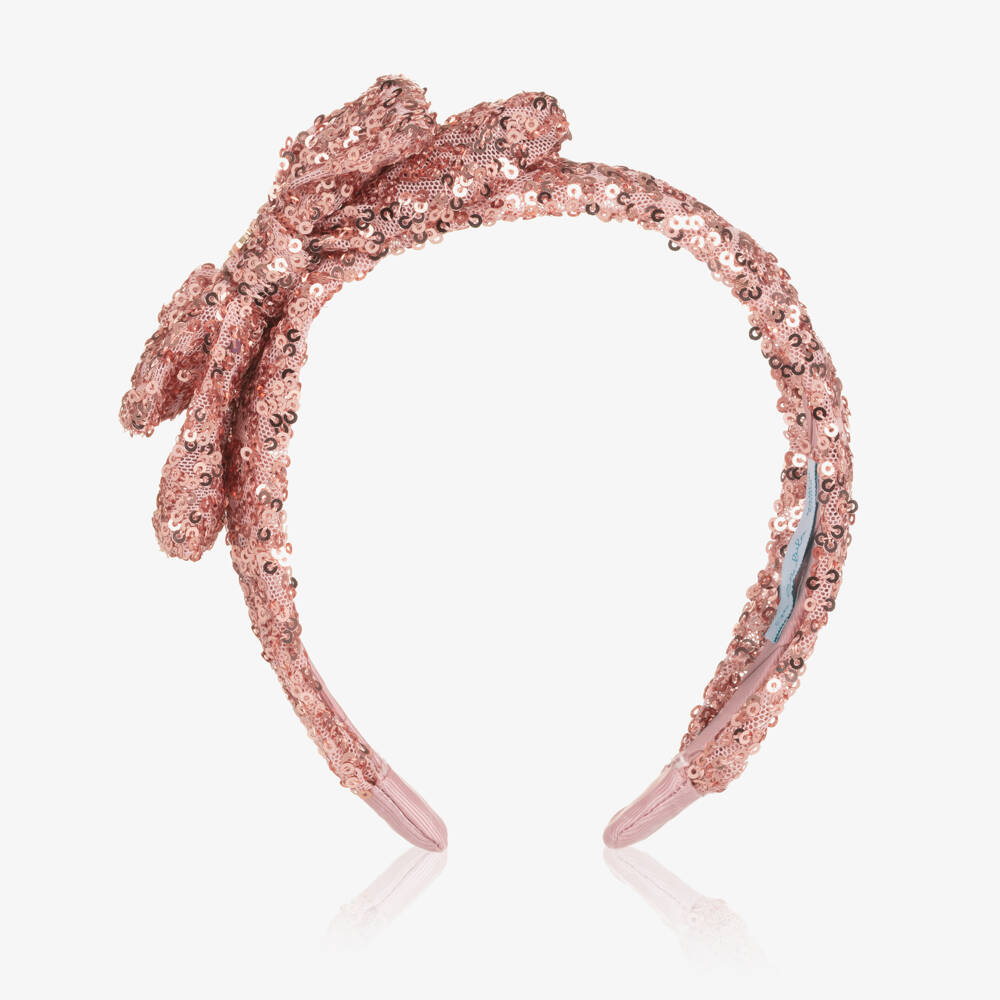 Abel & Lula-Girls Pink Sequinned Tulle Bow Hairband with Logo Charm | Childrensalon