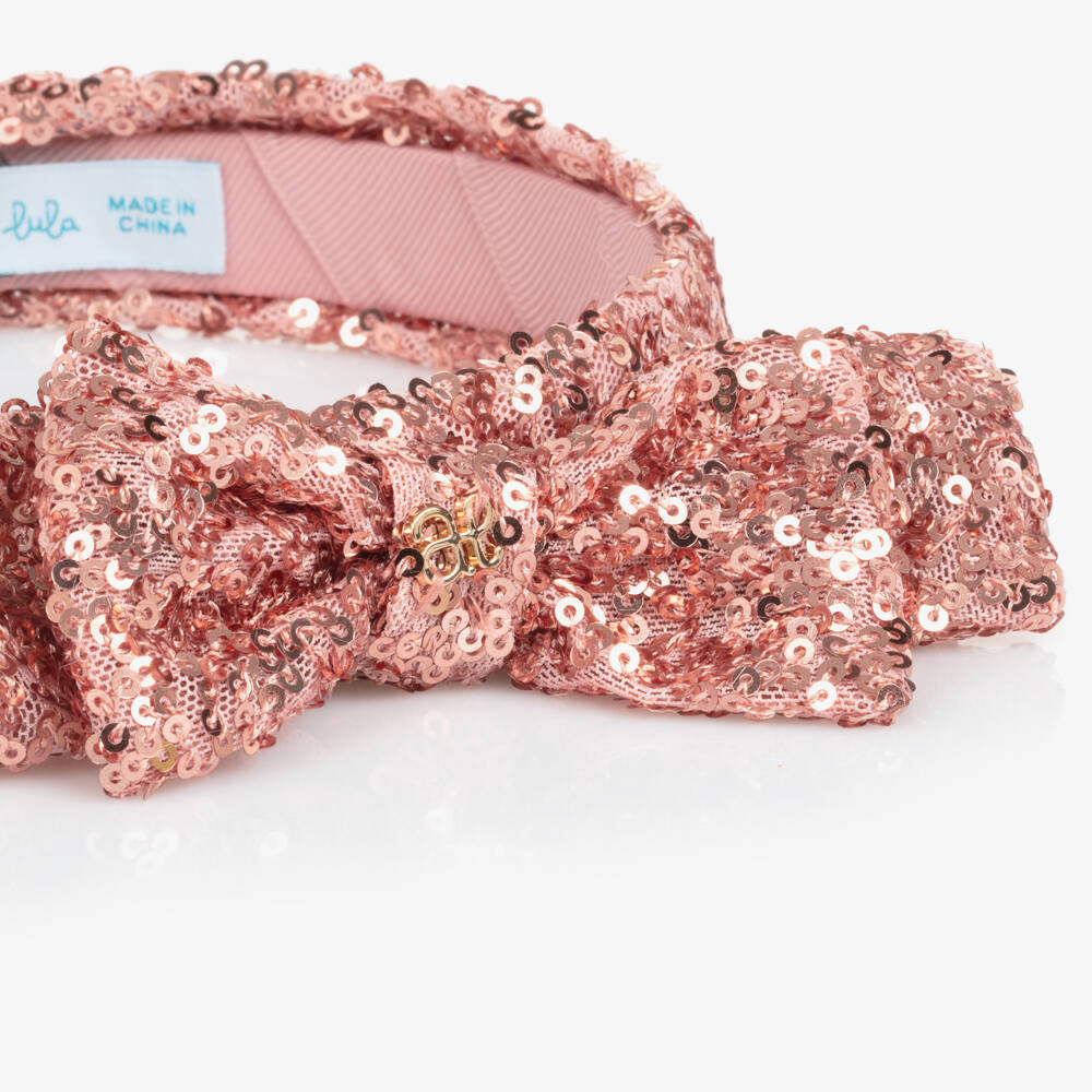 Abel & Lula-Girls Pink Sequinned Tulle Bow Hairband with Logo Charm | Childrensalon