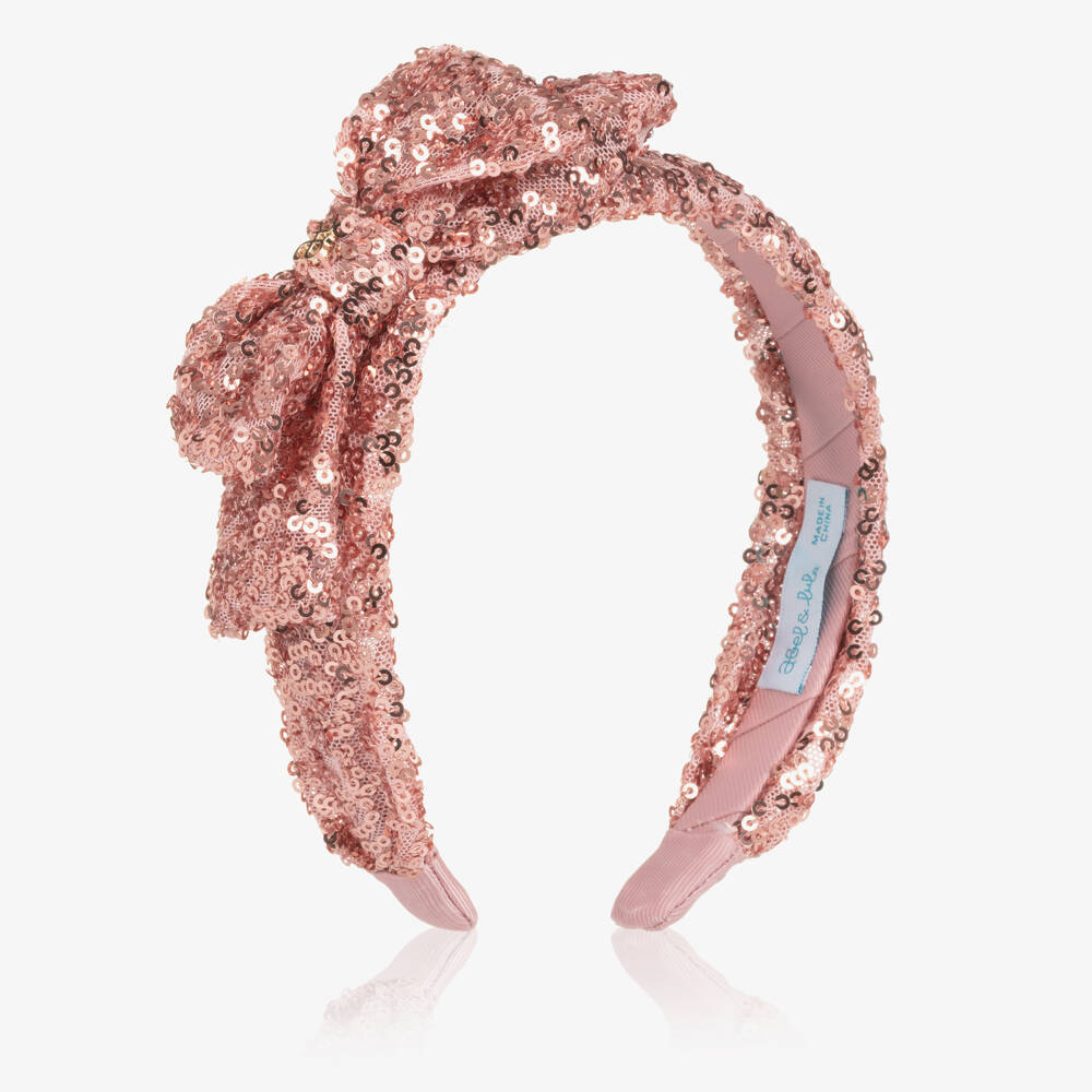 Abel & Lula-Girls Pink Sequinned Tulle Bow Hairband with Logo Charm | Childrensalon