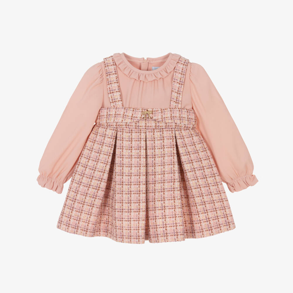 Abel & Lula-Girls Pink Tweed & Crêpe Chiffon Dress | Childrensalon