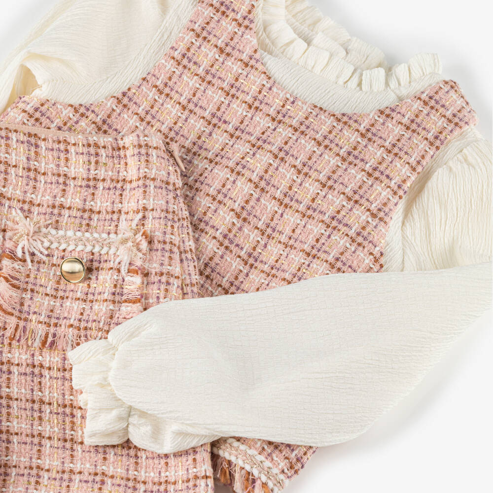 Abel & Lula-Girls Pink Tweed Shorts Set with Glittery Gold Thread | Childrensalon
