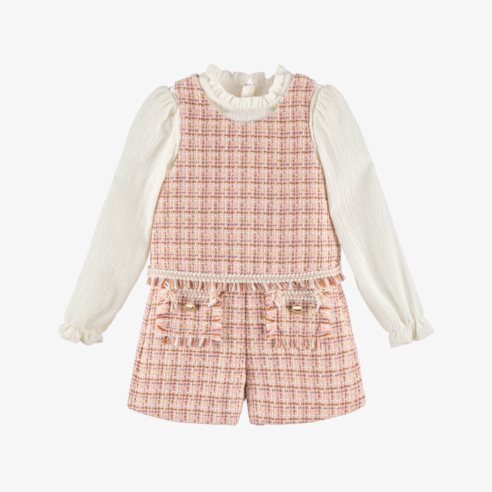 Abel & Lula-Girls Pink Tweed Shorts Set with Glittery Gold Thread | Childrensalon