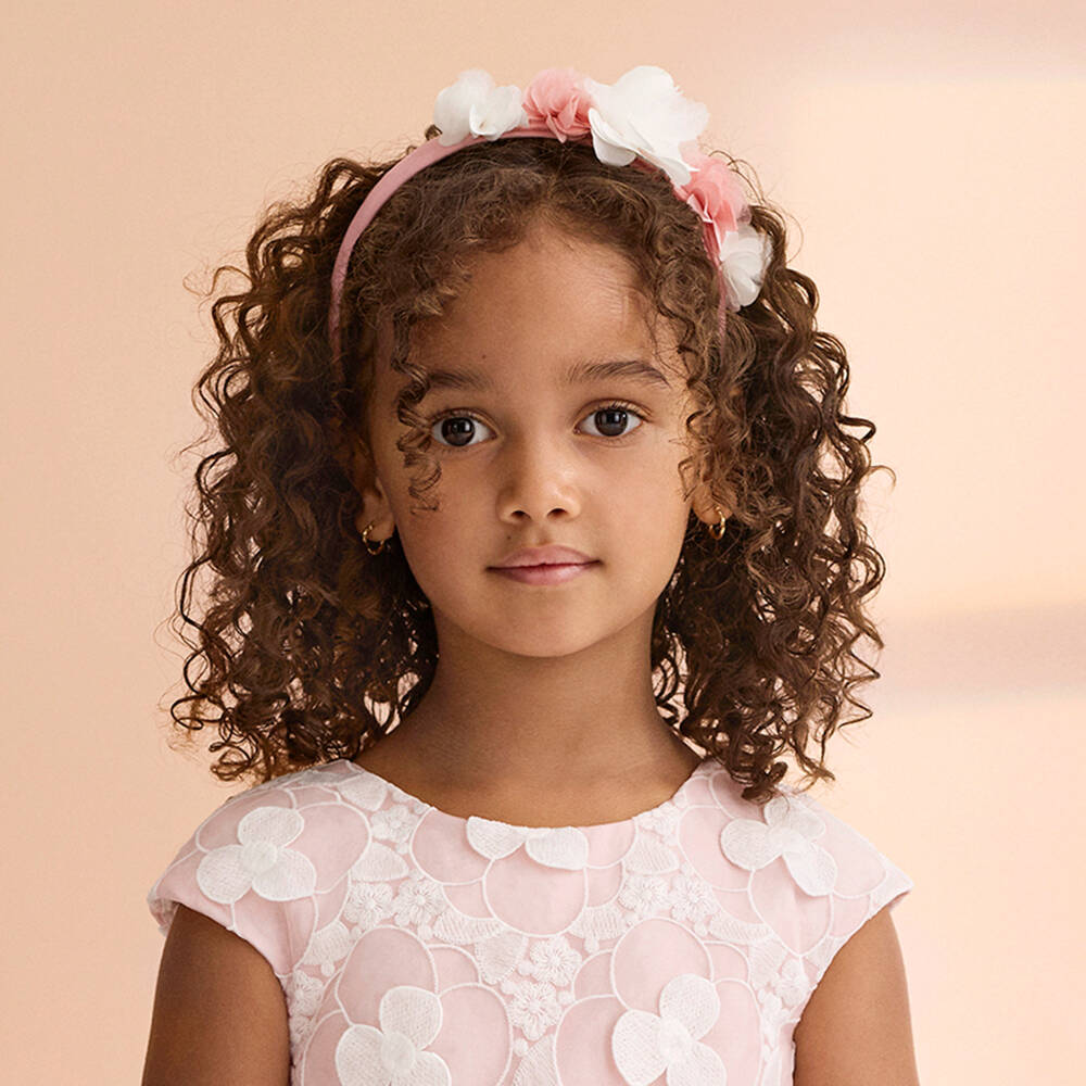 Abel & Lula-Girls Pink & White Satin & Crêpe Flower Hairband | Childrensalon