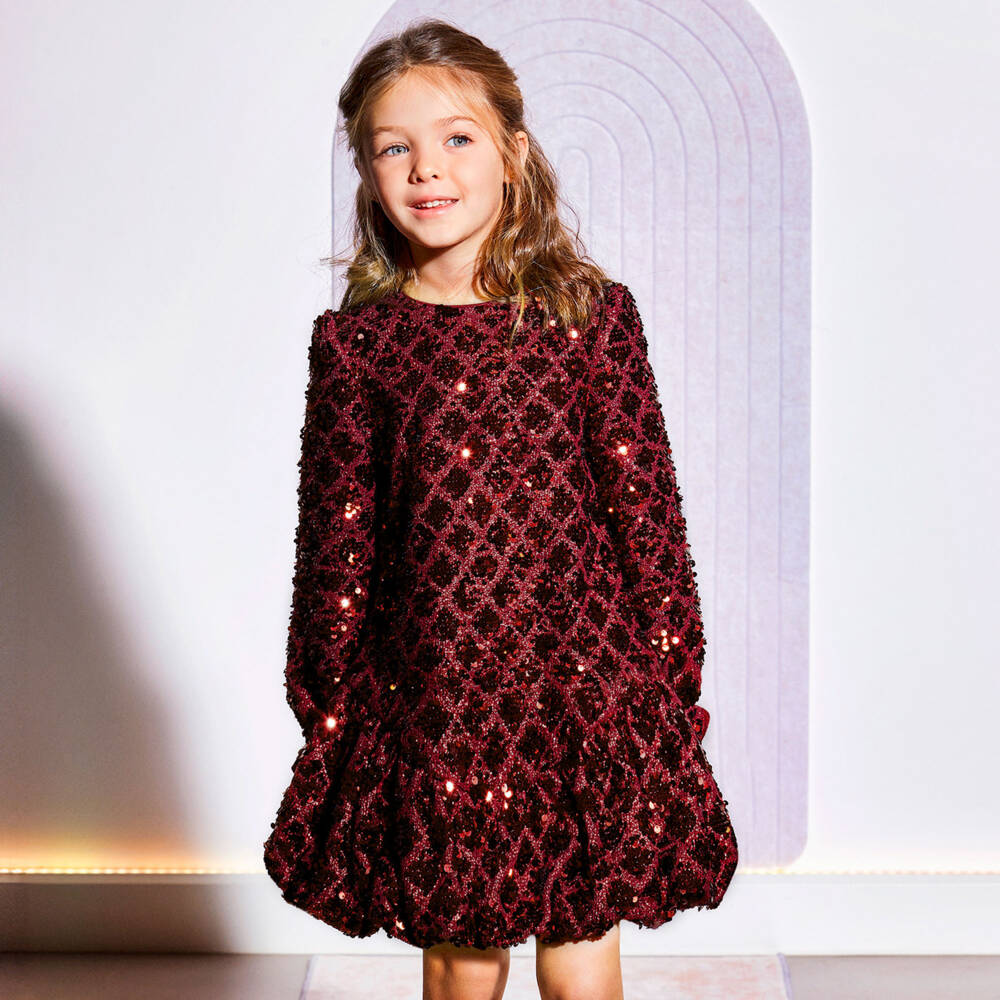 Abel & Lula-Girls Plum Sequin Dress with Bubble Hem | Childrensalon