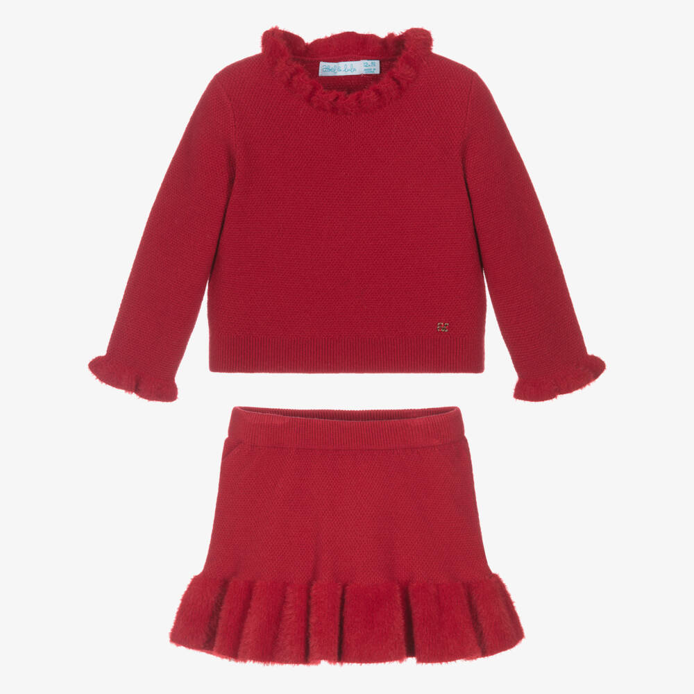 Abel & Lula-Girls Red Piqué Knit Top & Skirt Set | Childrensalon