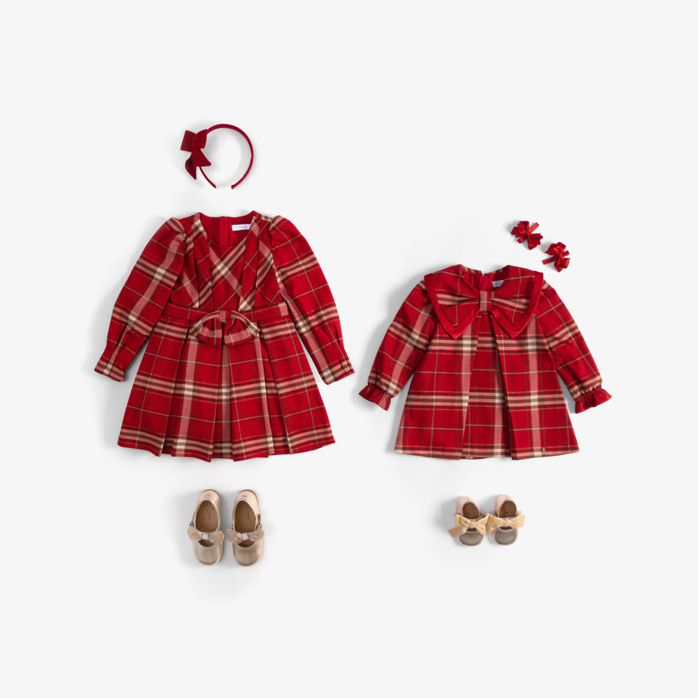 Abel & Lula-Girls Red Tartan Dress with Bow Collar | Childrensalon