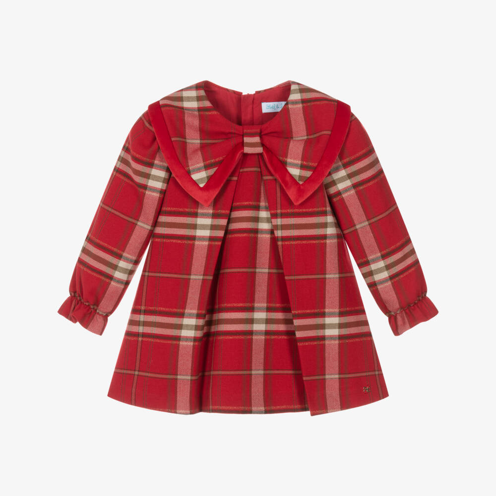Abel & Lula-Girls Red Tartan Dress with Bow Collar | Childrensalon
