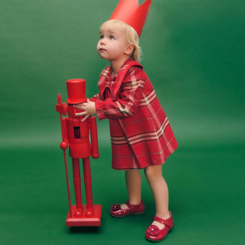 Abel & Lula-Girls Red Tartan Dress with Bow Collar | Childrensalon