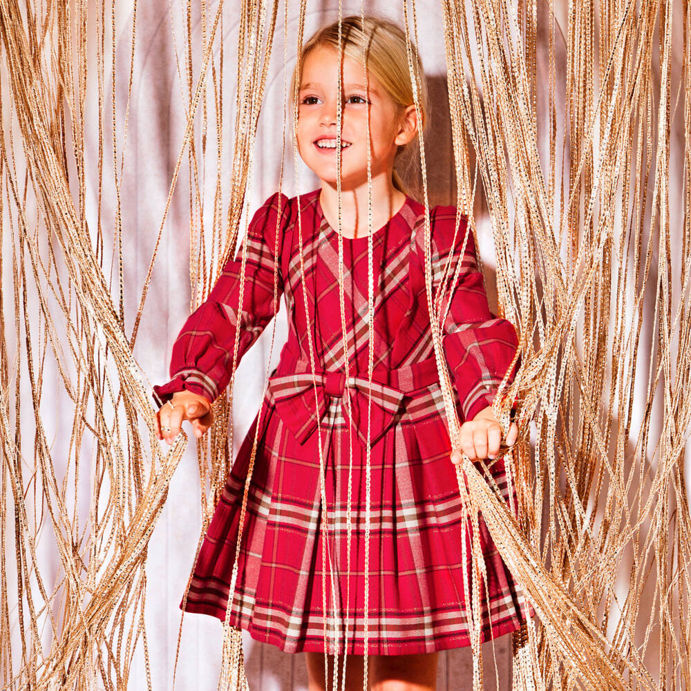 Abel & Lula-Girls Red Tartan Pleated Dress with Bow | Childrensalon