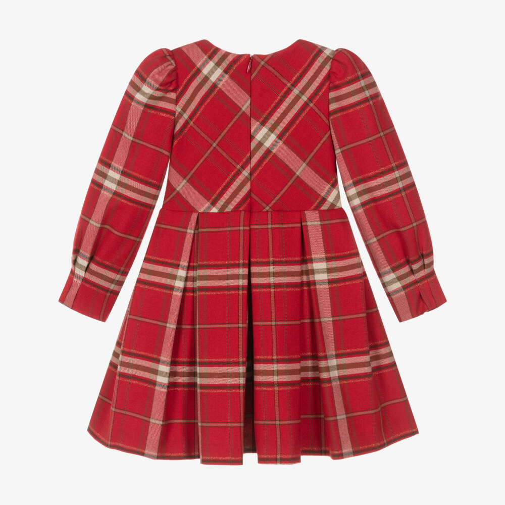 Abel & Lula-Girls Red Tartan Pleated Dress with Bow | Childrensalon