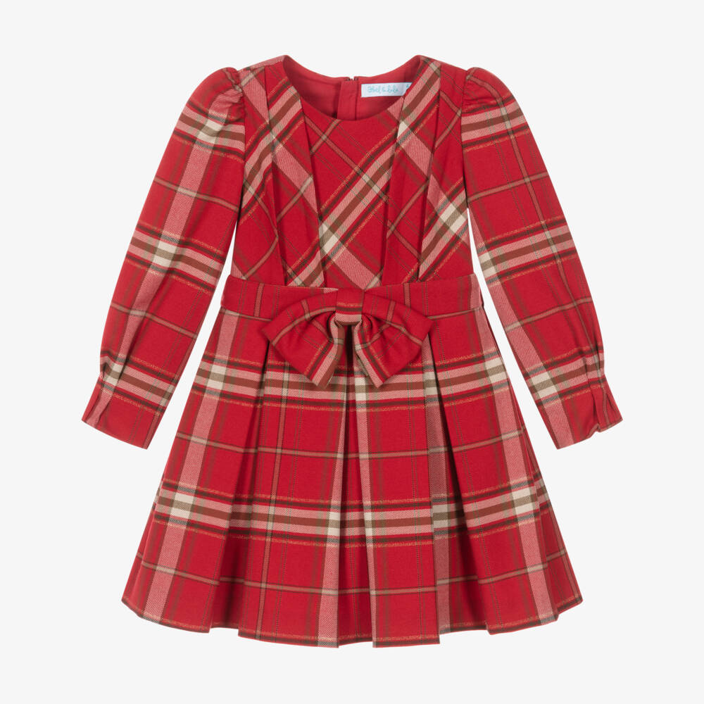 Abel & Lula-Girls Red Tartan Pleated Dress with Bow | Childrensalon