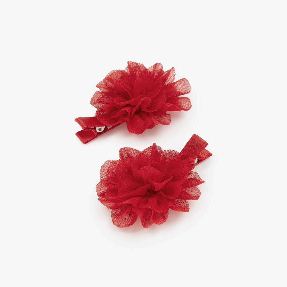 Abel & Lula-Girls Red Tulle Flower Hairclips (2 Pack) | Childrensalon
