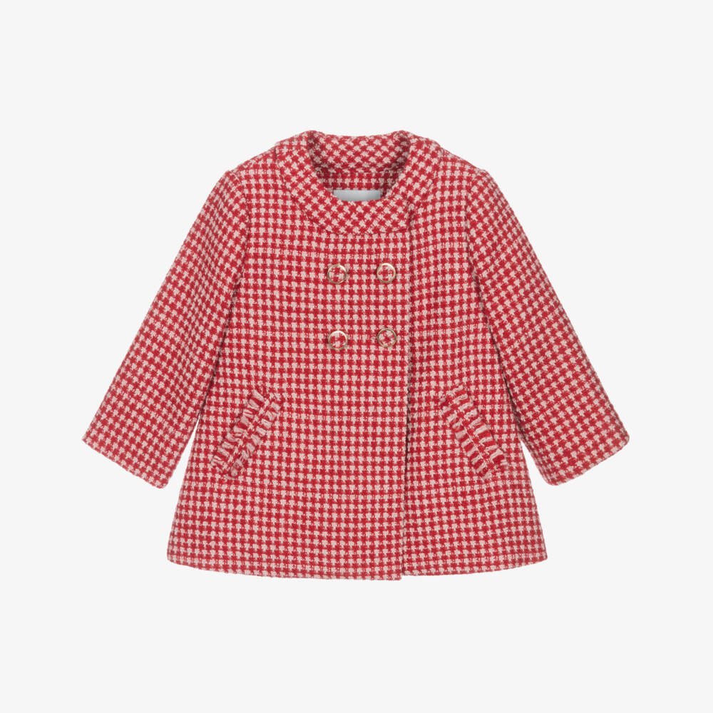 Abel & Lula-Girls Red Tweed Houndstooth Coat | Childrensalon