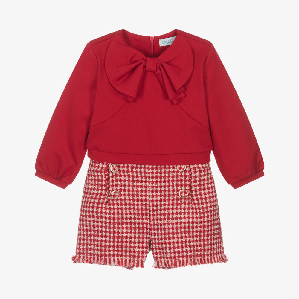 Abel & Lula-Girls Red Tweed Houndstooth Shorts Set | Childrensalon