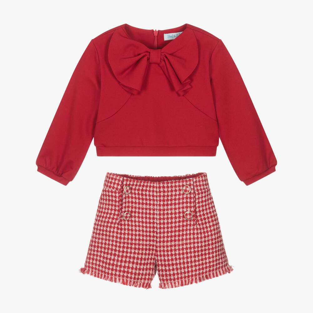 Abel & Lula-Girls Red Tweed Houndstooth Shorts Set | Childrensalon