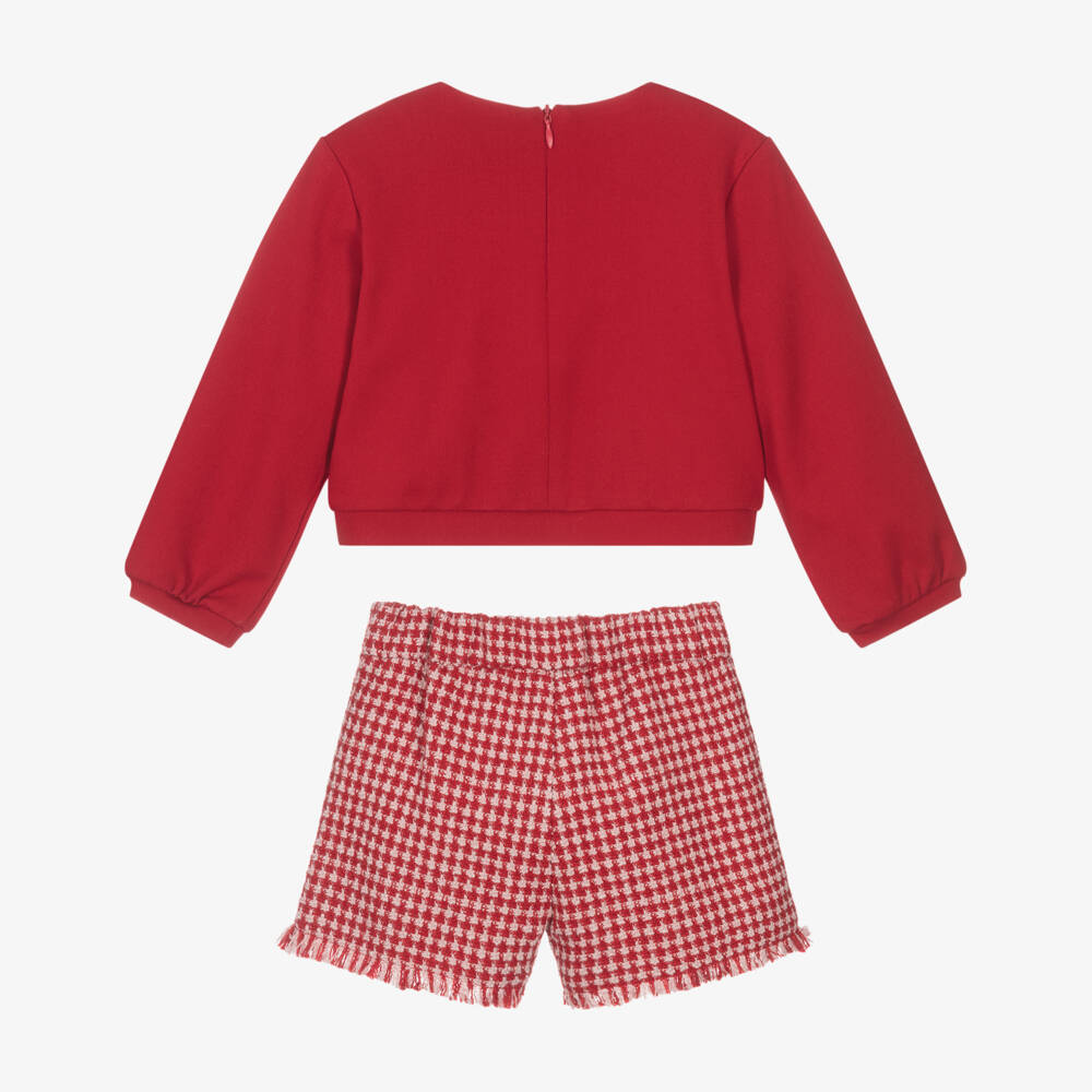Abel & Lula-Girls Red Tweed Houndstooth Shorts Set | Childrensalon