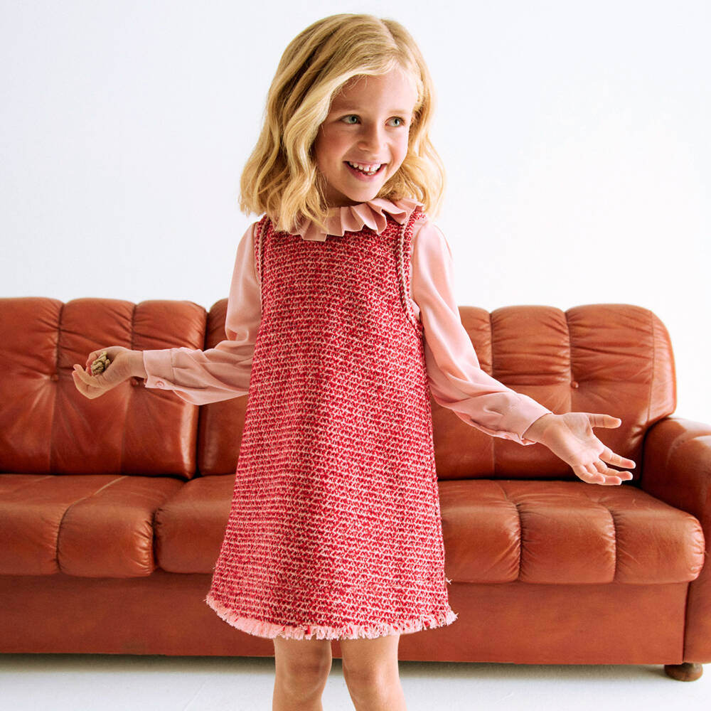 Abel & Lula-Girls Red Tweed & Pink Crêpe Chiffon Dress | Childrensalon