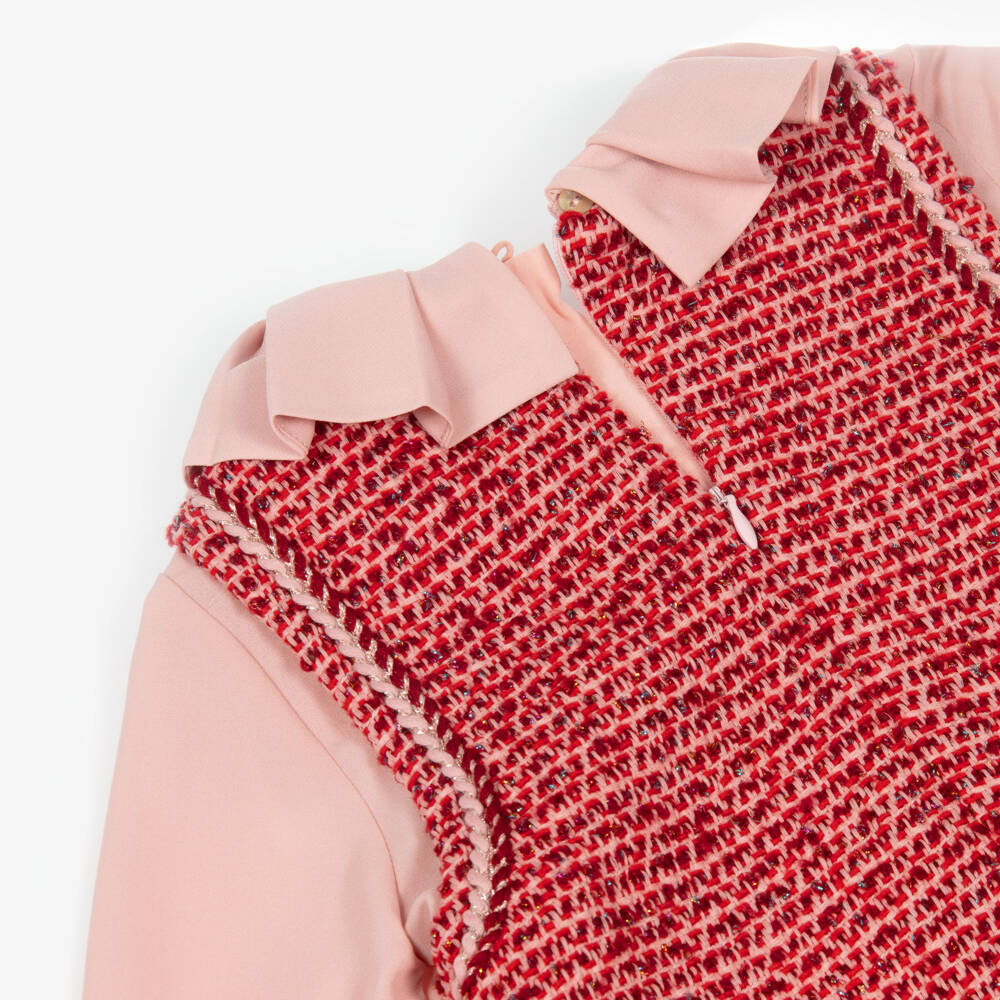 Abel & Lula-Girls Red Tweed & Pink Crêpe Chiffon Dress | Childrensalon