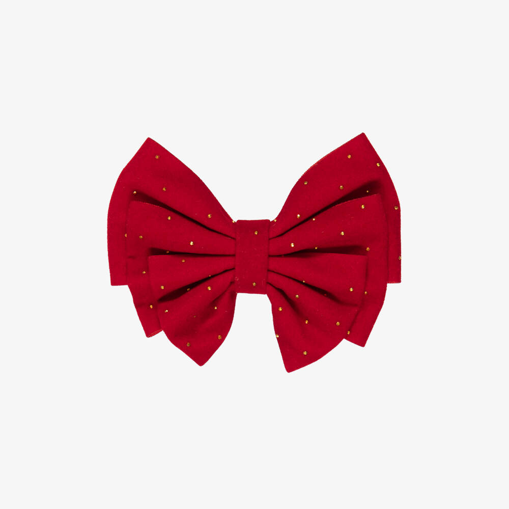Abel & Lula-Girls Red Velvet Bow Clip with Gold Rhinestones (13cm) | Childrensalon