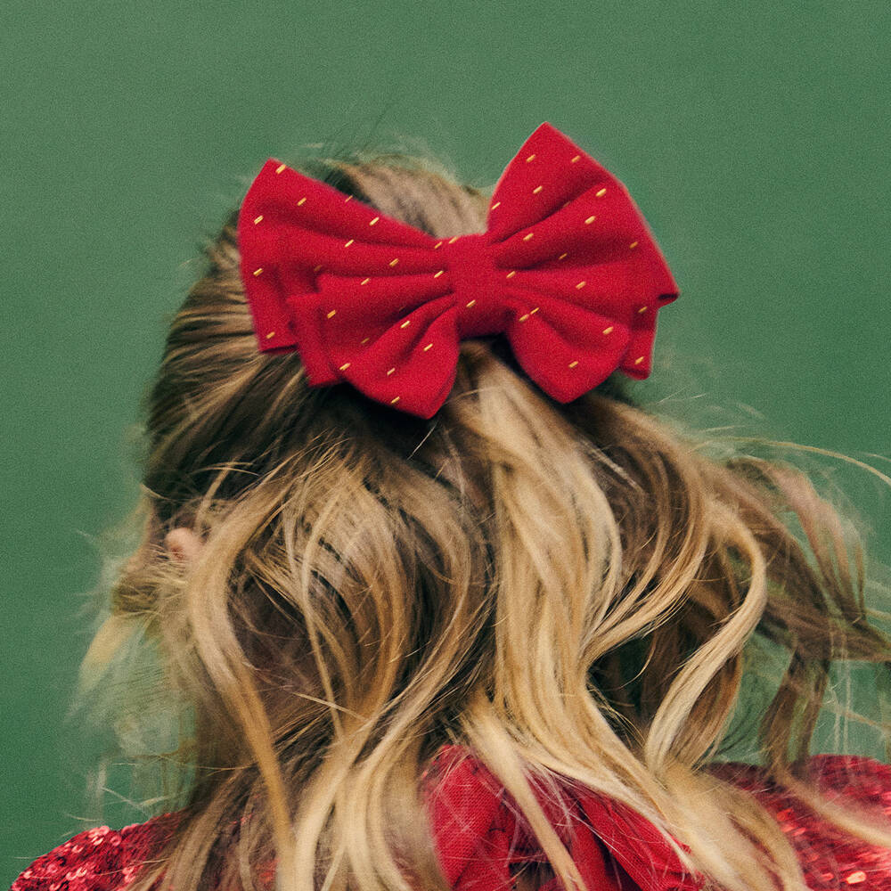 Abel & Lula-Girls Red Velvet Bow Clip with Gold Rhinestones (13cm) | Childrensalon