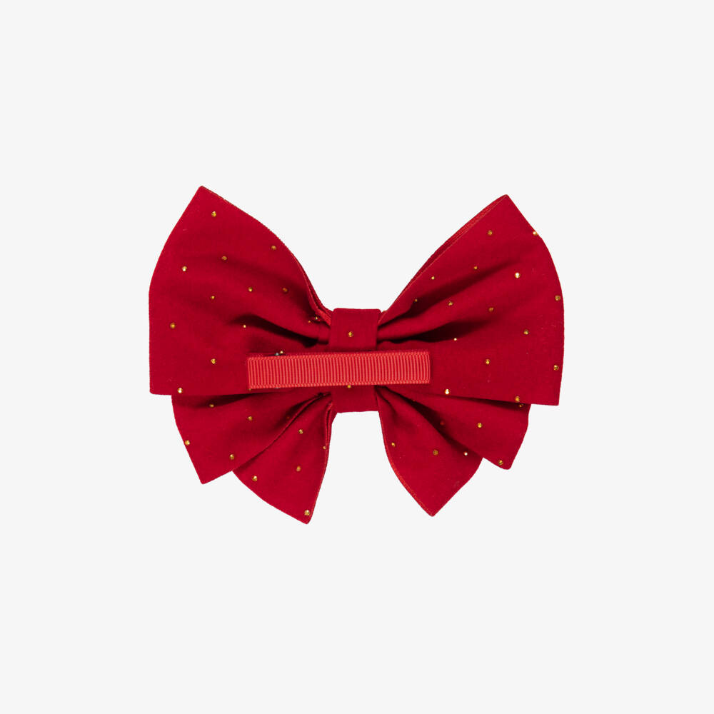 Abel & Lula-Girls Red Velvet Bow Clip with Gold Rhinestones (13cm) | Childrensalon