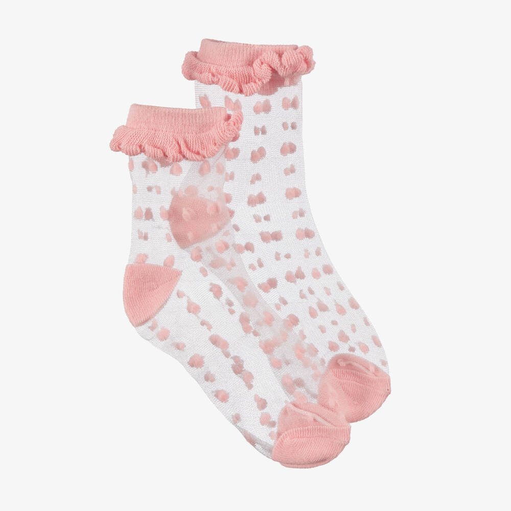 Abel & Lula- Girls Sheer Pink Polka Dot Ankle Socks | Childrensalon