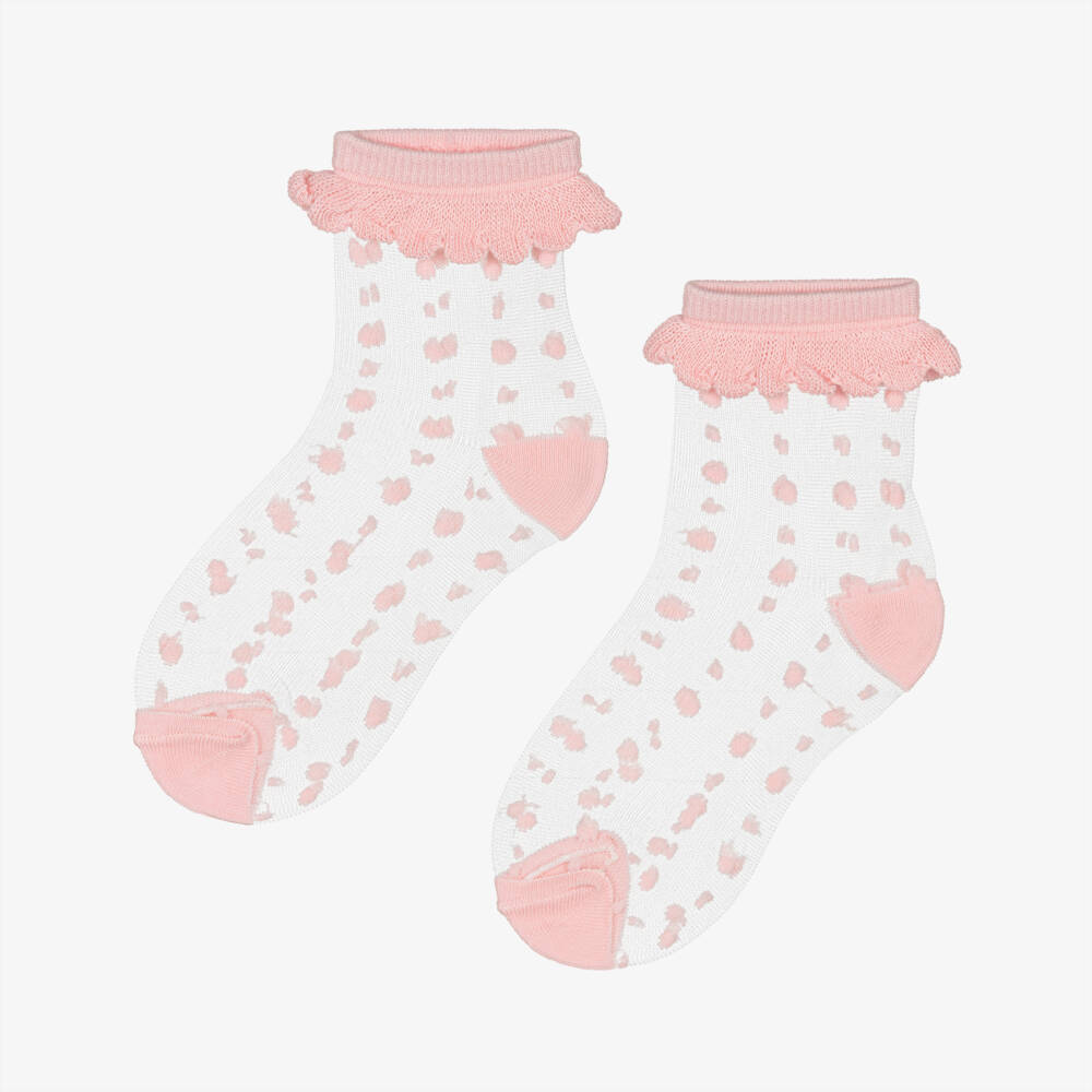 Abel & Lula- Girls Sheer Pink Polka Dot Ankle Socks | Childrensalon