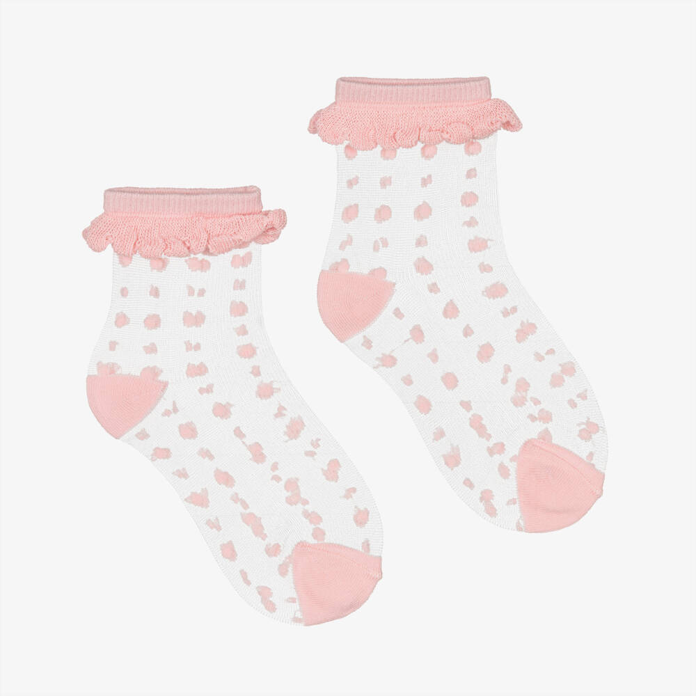 Abel & Lula- Girls Sheer Pink Polka Dot Ankle Socks | Childrensalon