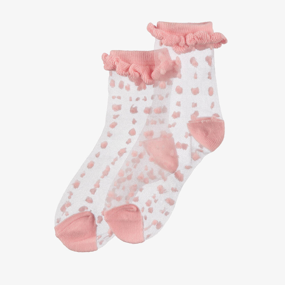 Abel & Lula- Girls Sheer Pink Polka Dot Ankle Socks | Childrensalon