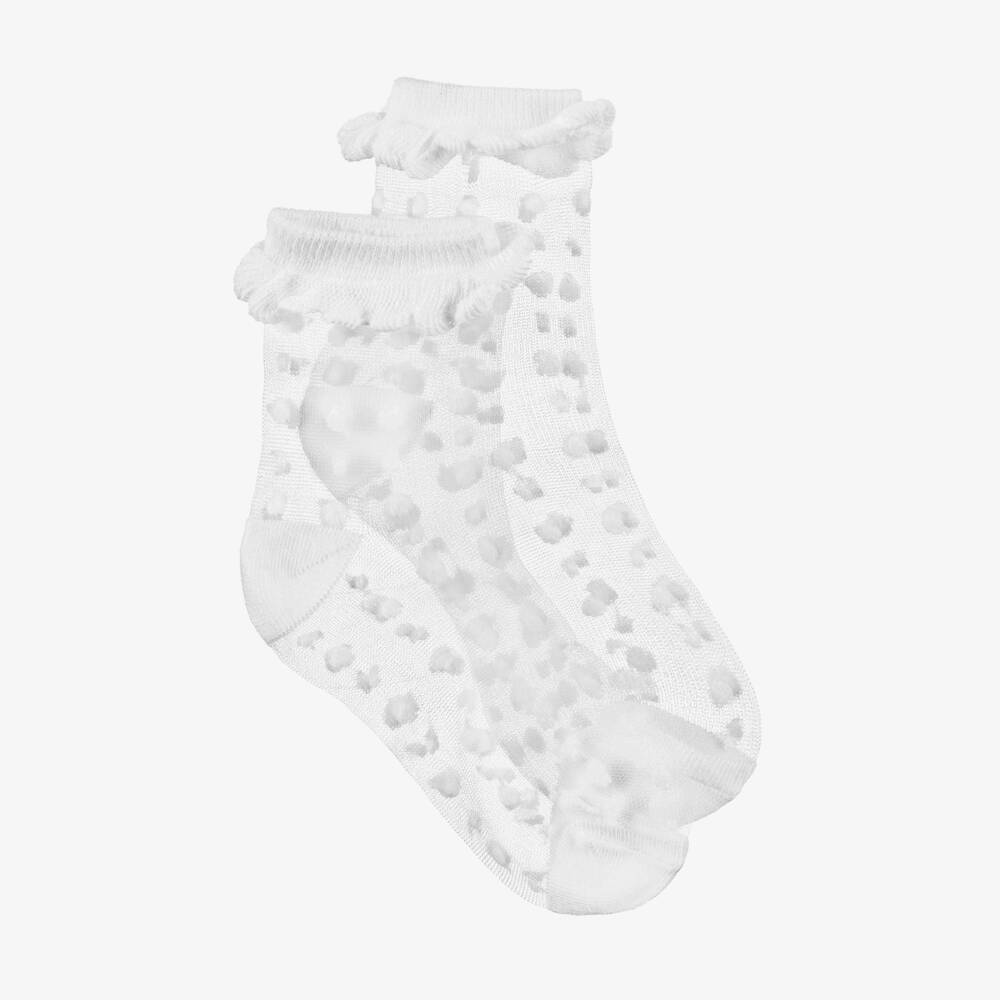 Abel & Lula-Girls Sheer White Polka Dot Ankle Socks | Childrensalon