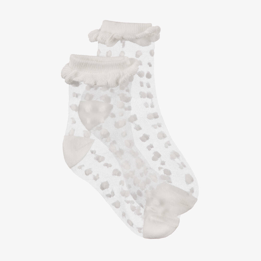 Abel & Lula-Girls Sheer White Polka Dot Ankle Socks | Childrensalon