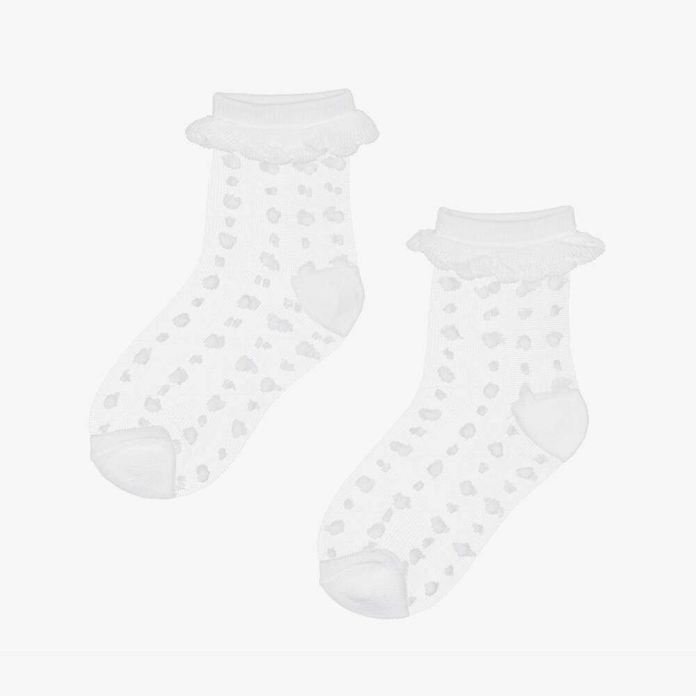 Abel & Lula-Girls Sheer White Polka Dot Ankle Socks | Childrensalon