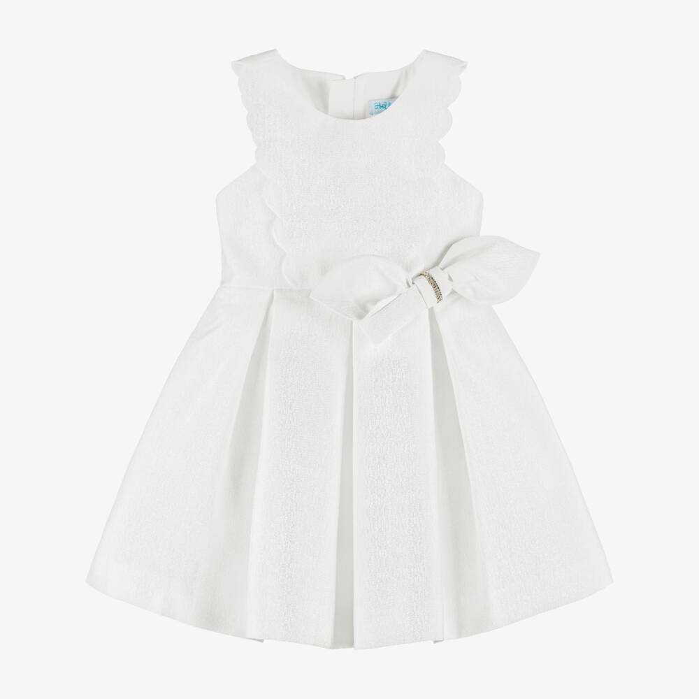 Abel & Lula-Girls Shimmery Ivory Dress with Diamanté Bow | Childrensalon