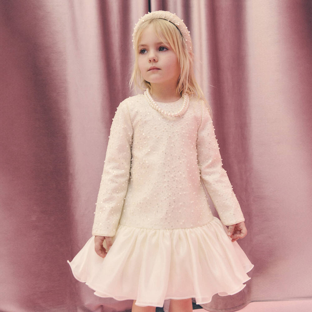 Abel & Lula-Girls Sparkling Ivory Dress with Silver Sequins | Childrensalon