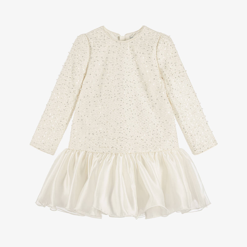 Abel & Lula-Girls Sparkling Ivory Dress with Silver Sequins | Childrensalon