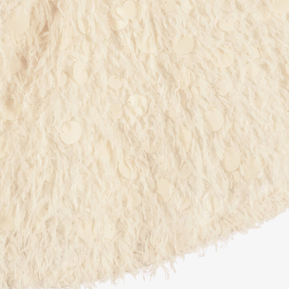 Abel & Lula-Girls White & Beige Skirt Set with Round Sequins | Childrensalon